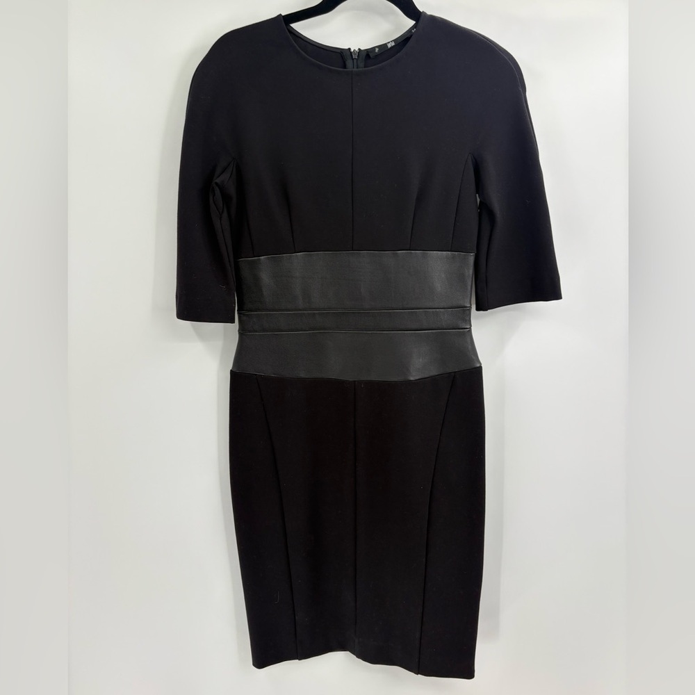 Jarbo black dress 3/4 length sleeve rayon nylon leather combo panel 34 size 4